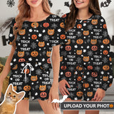 Custom Face Pajama Black Women's Short Sleeve Loungewear Halloween Pajama Set