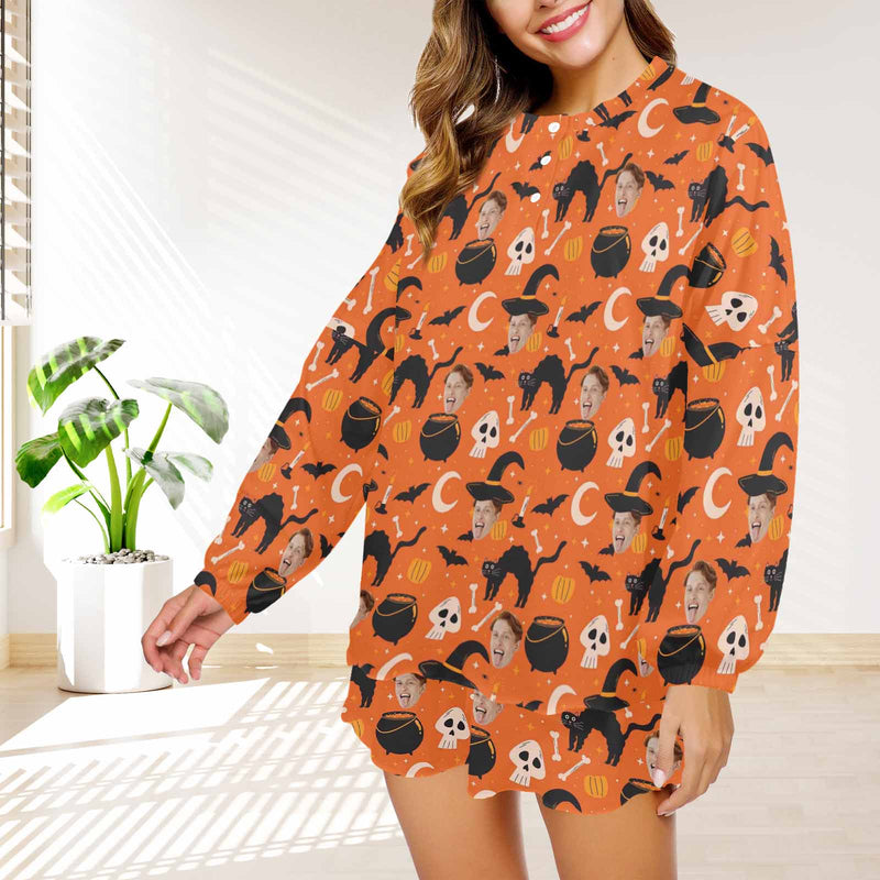 Custom Face Pajama Orange Women's Short Sleeve Loungewear Halloween Pajama Set