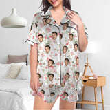 [Up To 5XL]Custom Face Pajama Set Women's Lapel Ruffle Hem Short  Sleeve Pocket Pajama Sets Personalized Sleepwear Loungewear