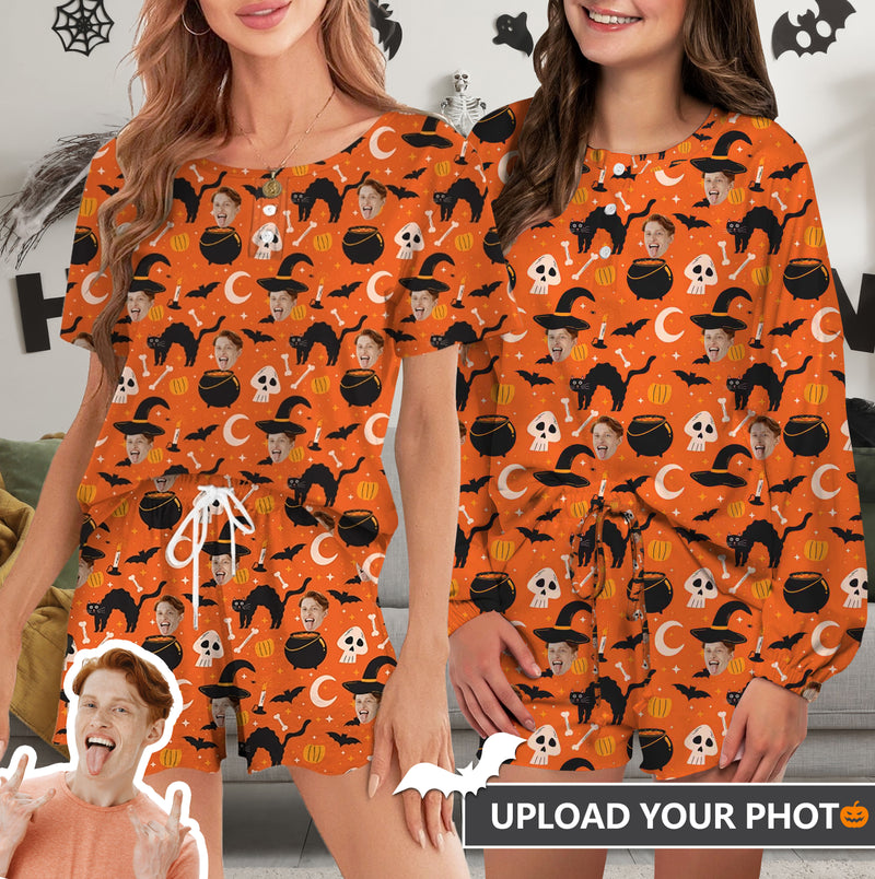 Custom Face Pajama Orange Women's Short Sleeve Loungewear Halloween Pajama Set