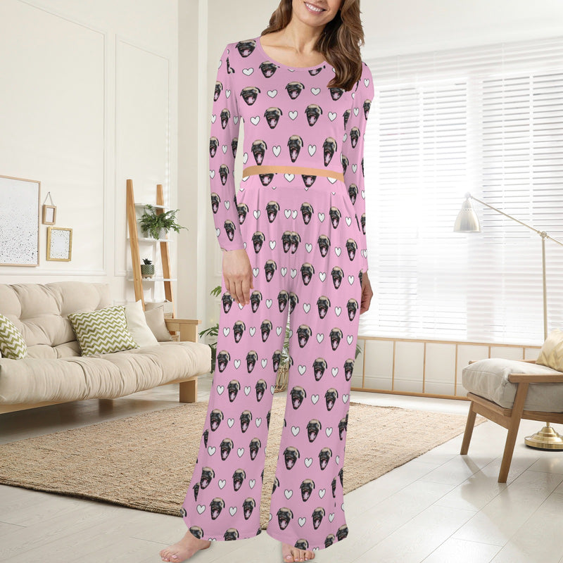 Custom Face Pajamas Women's Round Neck Pocket Long Sets Personalized Sleepwear Loungewewar