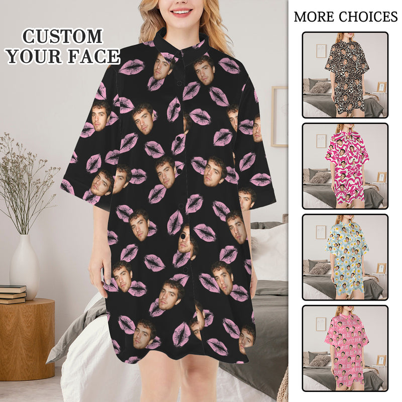 Custom Face Women's Button Nightdresses Nightgown for Women Sleepshirt Sleepwear Nightdress