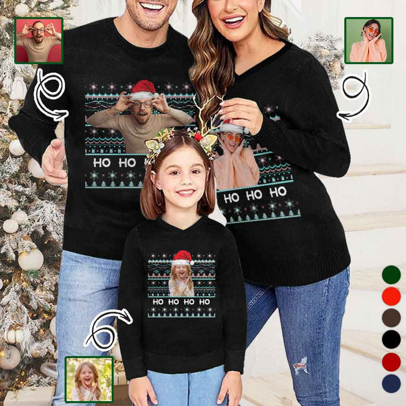 Custom Face Multicolor Santa Hat Sweater for Family Ho Ho Ho Long Sleeve Ugly Christmas Sweater Tops