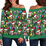 Custom Face Ugly Christmas Sweater Women's Off Shoulder Sweater and Men's Round Neck Sweater