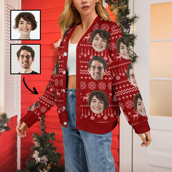 Custom Face Red Ugly Christmas Cardigan Ugly Sweater Photo Season's Greetings Gift For Family