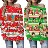 Custom Face Ugly Christmas Sweater Women's Off Shoulder Sweater and Men's Round Neck Sweater