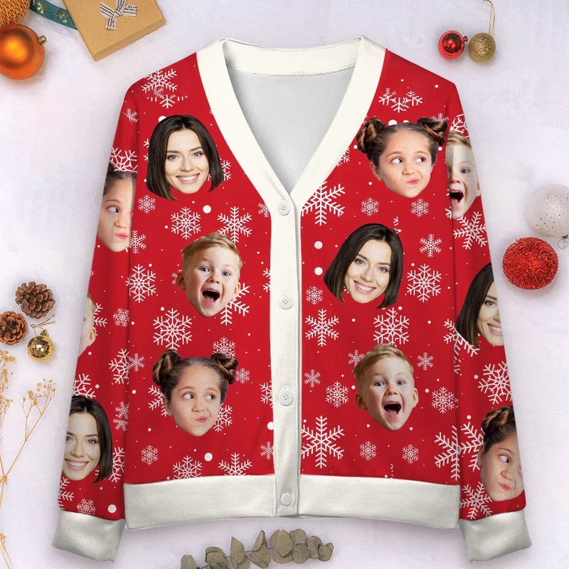 Custom Face Red Ugly Christmas Cardigan Ugly Sweater Photo Season's Greetings Gift For Family