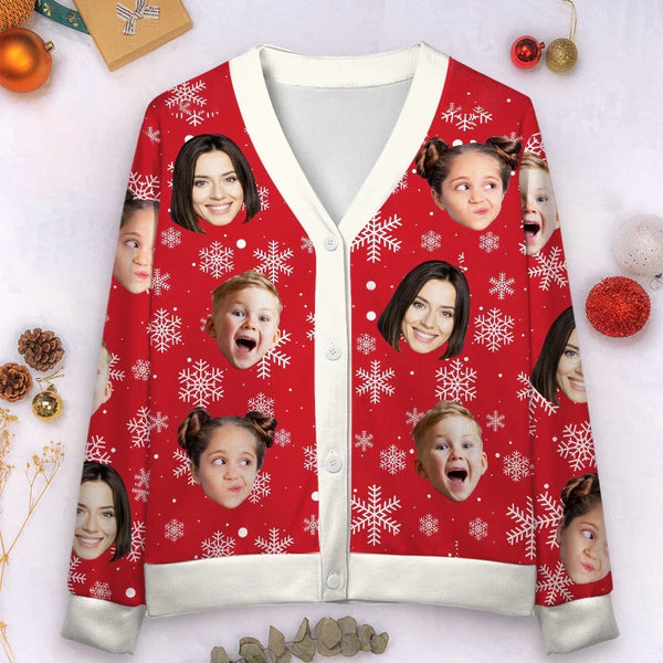 Custom Face Snowflake Ugly Christmas Cardigan Ugly Sweater Photo Season's Greetings Gift For Family