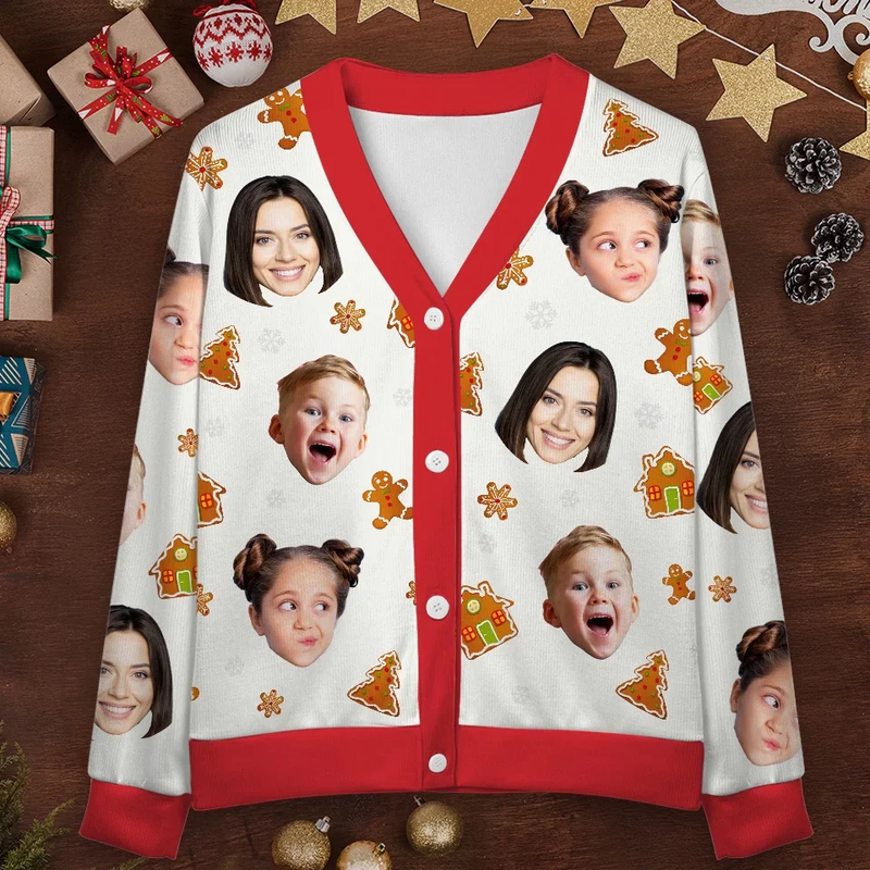 Custom Face Red Ugly Christmas Cardigan Ugly Sweater Photo Season's Greetings Gift For Family