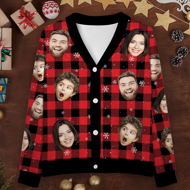 Custom Face Ugly Christmas Cardigan Ugly Sweater Photo Season's Greetings Gift For Family