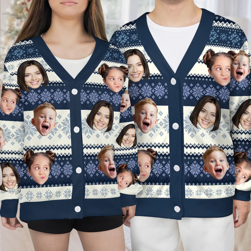 Custom Face Blue White Ugly Christmas Cardigan Ugly Sweater Photo Season's Greetings Gift For Family