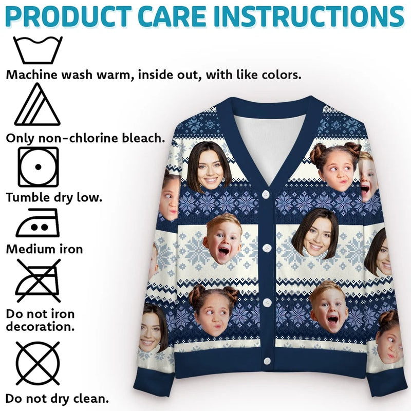 Custom Face Blue White Ugly Christmas Cardigan Ugly Sweater Photo Season's Greetings Gift For Family