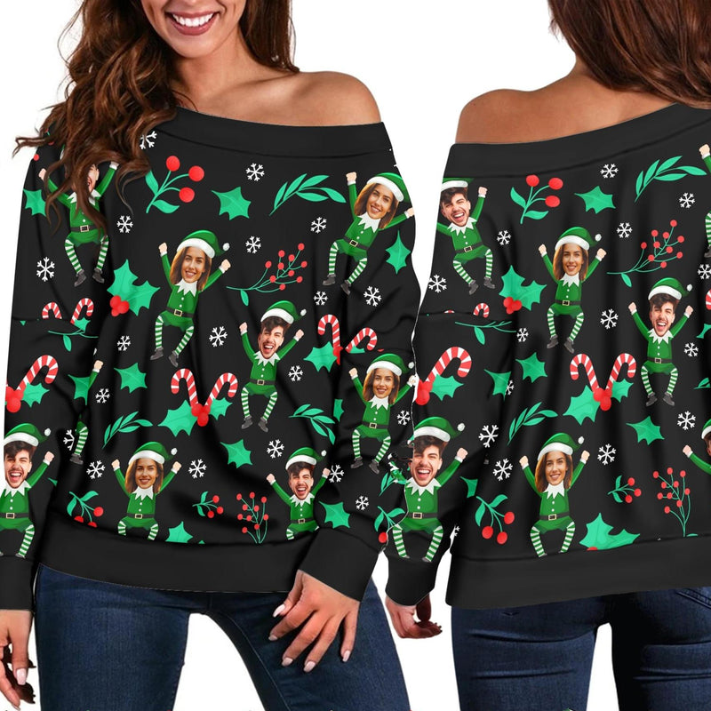 Custom Face Ugly Christmas Sweater Women's Off Shoulder Sweater and Men's Round Neck Sweater