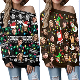 Custom Face Ugly Christmas Sweater Women's Off Shoulder Sweater and Men's Round Neck Sweater