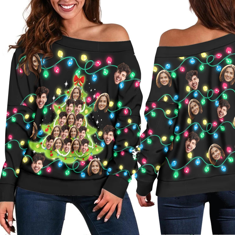 Custom Face Ugly Christmas Sweater Women's Off Shoulder Sweater and Men's Round Neck Sweater