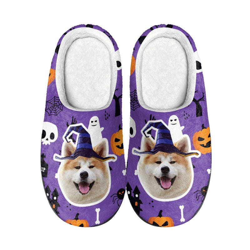 Halloween Custom Face Purple Cotton Slippers For Adult&Kids Personalized Non-Slip Slippers Warm House Shoes