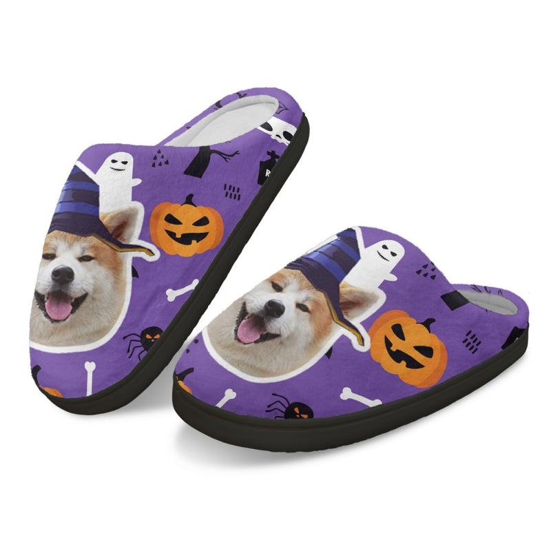 Halloween Custom Face Purple Cotton Slippers For Adult&Kids Personalized Non-Slip Slippers Warm House Shoes