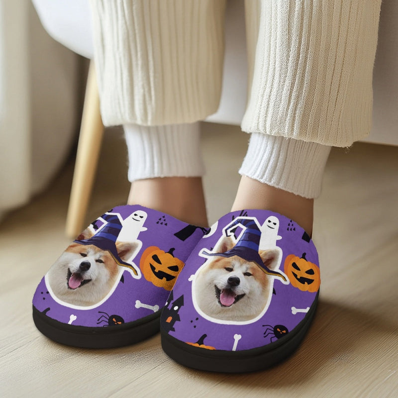 Halloween Custom Face Purple Cotton Slippers For Adult&Kids Personalized Non-Slip Slippers Warm House Shoes