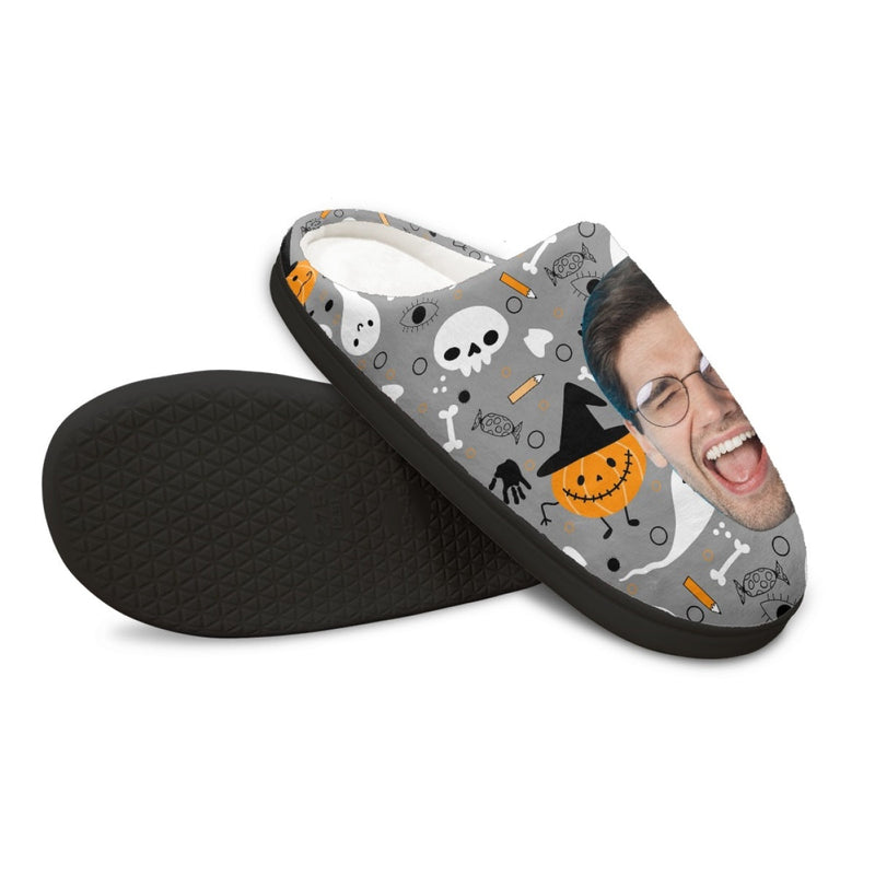 Halloween Custom Face Grey Cotton Slippers For Adult&Kids Personalized Non-Slip Slippers Warm House Shoes