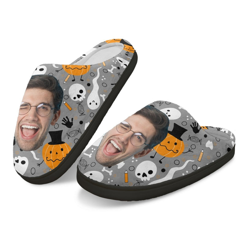 Halloween Custom Face Grey Cotton Slippers For Adult&Kids Personalized Non-Slip Slippers Warm House Shoes