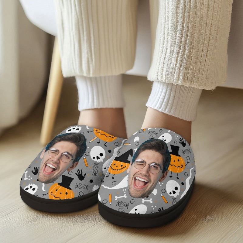 Halloween Custom Face Grey Cotton Slippers For Adult&Kids Personalized Non-Slip Slippers Warm House Shoes