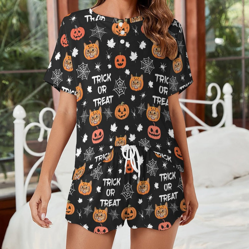 Custom Face Pajama Black Women's Short Sleeve Loungewear Halloween Pajama Set