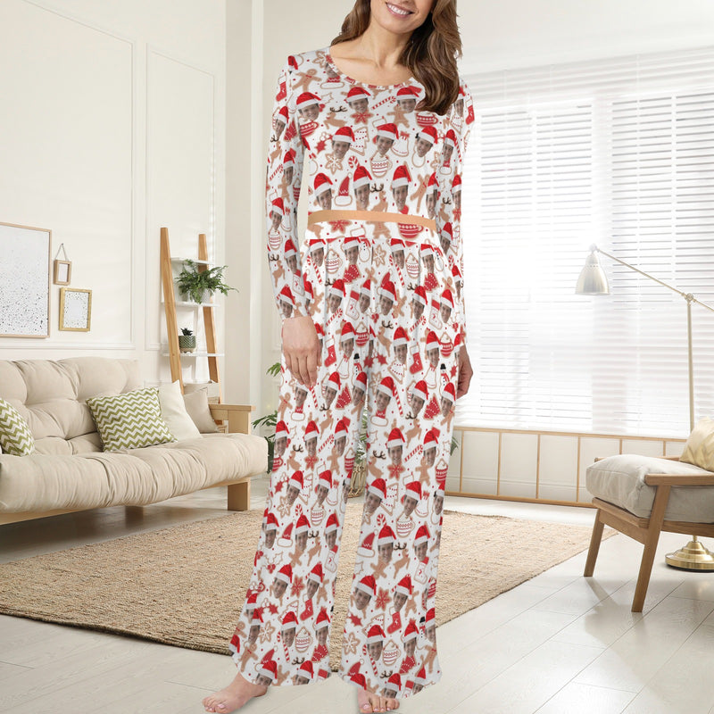 Custom Face Women's Round Neck Pocket Long Pajama Sets Personalized Sleepwear Loungewewar Christmas Gift For Her