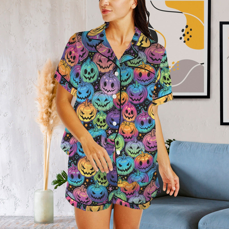 Halloween Custom Face Pajama Set Personalized Photo Women's V-Neck Short Loungewear Sleepwear