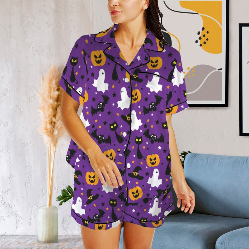 Halloween Custom Face Pajama Set Personalized Photo Women's V-Neck Short Loungewear Sleepwear