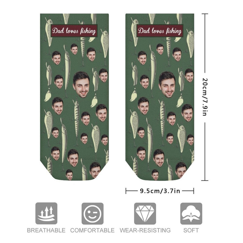 Father's Day-Custom Photo Green Socks Low Cut Ankle Socks Dad Loves Fishing