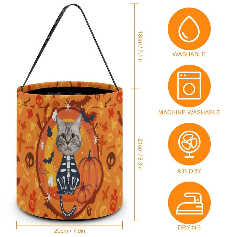 Custom Face Skull Cat Halloween Candy Bucket Halloween Basket Trick or Treat Bags Reusable Tote Bag Pumpkin Candy Gift Baskets for Kids Party