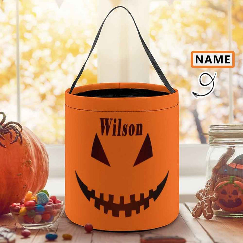 Custom Name Pumpkin Little Devil Halloween Candy Bucket Halloween Basket Trick or Treat Bags Reusable Tote Bag Pumpkin Candy Gift Baskets for Kids Party