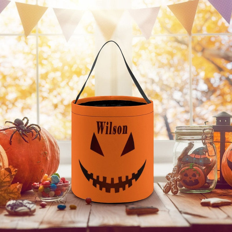 Custom Name Pumpkin Little Devil Halloween Candy Bucket Halloween Basket Trick or Treat Bags Reusable Tote Bag Pumpkin Candy Gift Baskets for Kids Party