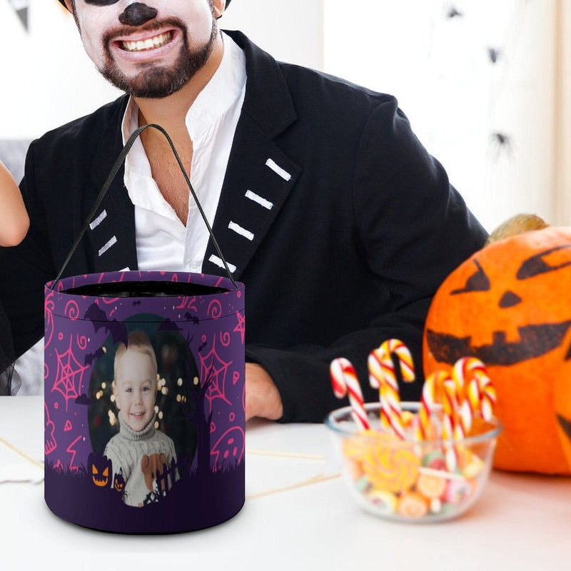 Custom Photo Little Devil Halloween Candy Bucket Halloween Basket Trick or Treat Bags Reusable Tote Bag Pumpkin Candy Gift Baskets for Kids Party