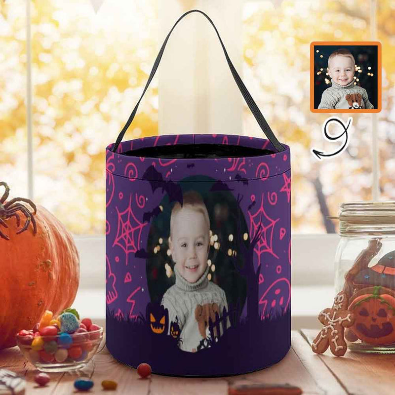 Custom Photo Little Devil Halloween Candy Bucket Halloween Basket Trick or Treat Bags Reusable Tote Bag Pumpkin Candy Gift Baskets for Kids Party