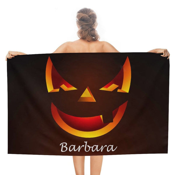 Custom Name Halloween Smiling Pumpkin Bath Towel 30inx56in Beach Towel Kids Towel Pool Towel Camp Towel