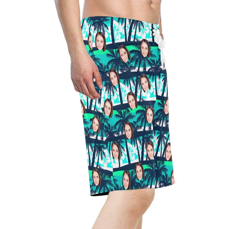 Custom Face Coconut Tree Personalized Photo Men's Beach Shorts Drawstring Shorts