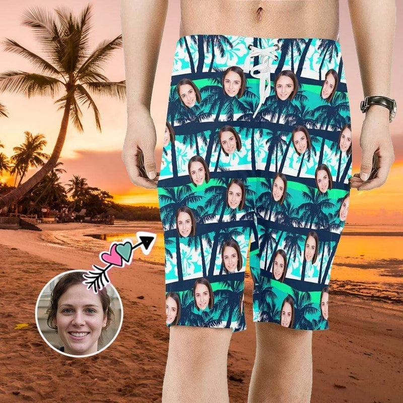 Custom Face Coconut Tree Personalized Photo Men's Beach Shorts Drawstring Shorts