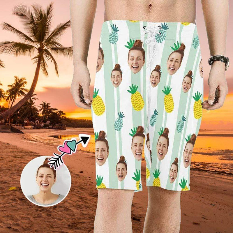 Custom Face Pineapple Personalized Photo Men's Beach Shorts Drawstring Shorts