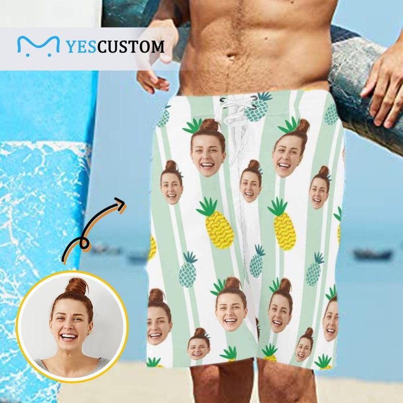 Custom Face Pineapple Personalized Photo Men's Beach Shorts Drawstring Shorts