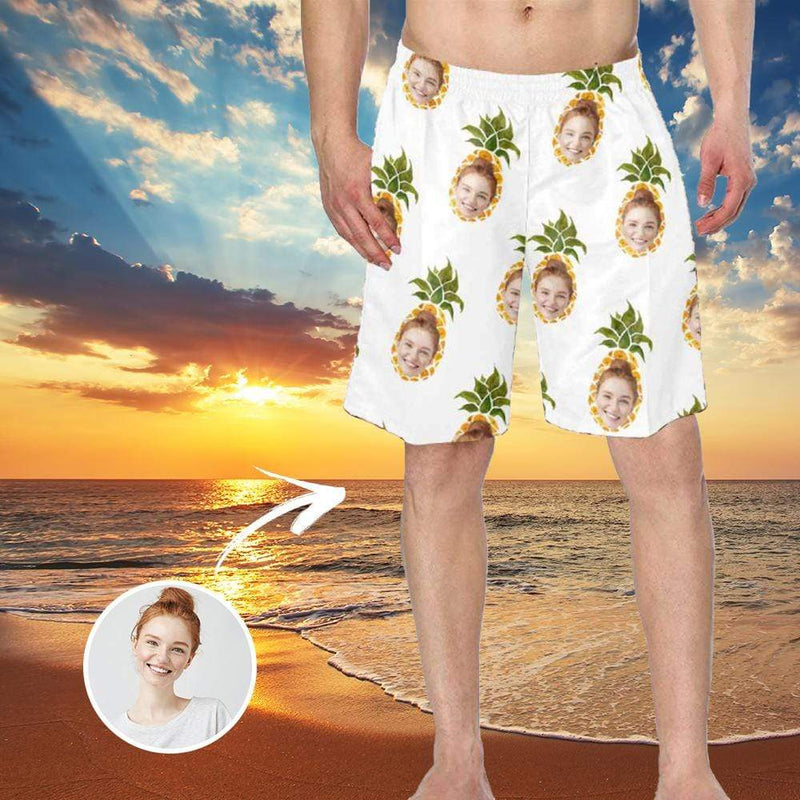 Custom Face Pineapple White Personalized Photo Men's Elastic Beach Shorts