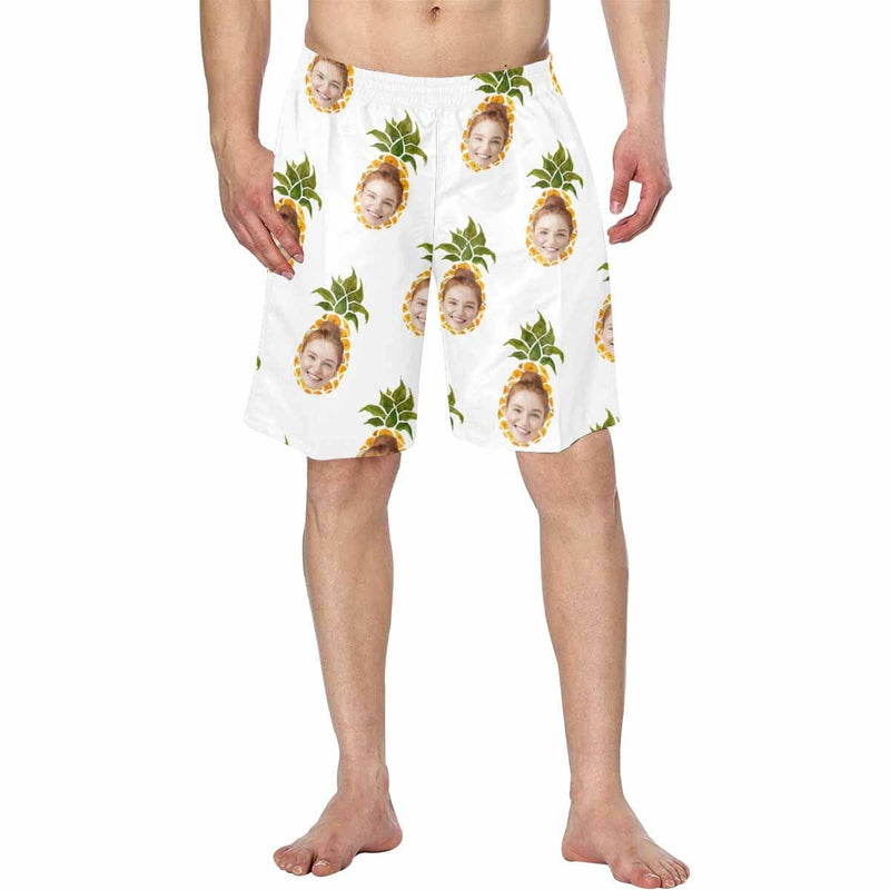 Custom Face Pineapple White Personalized Photo Men's Elastic Beach Shorts