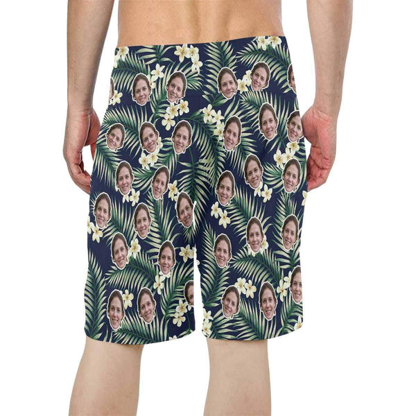 Custom Face White Flower Personalized Photo Men's Beach Shorts Drawstring Shorts