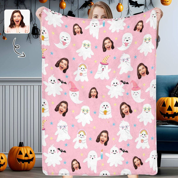 Custom Face Pink Ghost Blanket Ultra-Soft Personalized Micro Fleece Blanket Halloween Decorations Pinkoween