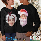 Custom Couple Matching Custom Face Black Sweater Santa Hat Long Sleeve Ugly Christmas Sweater Tops for Men and Women - YesCustom