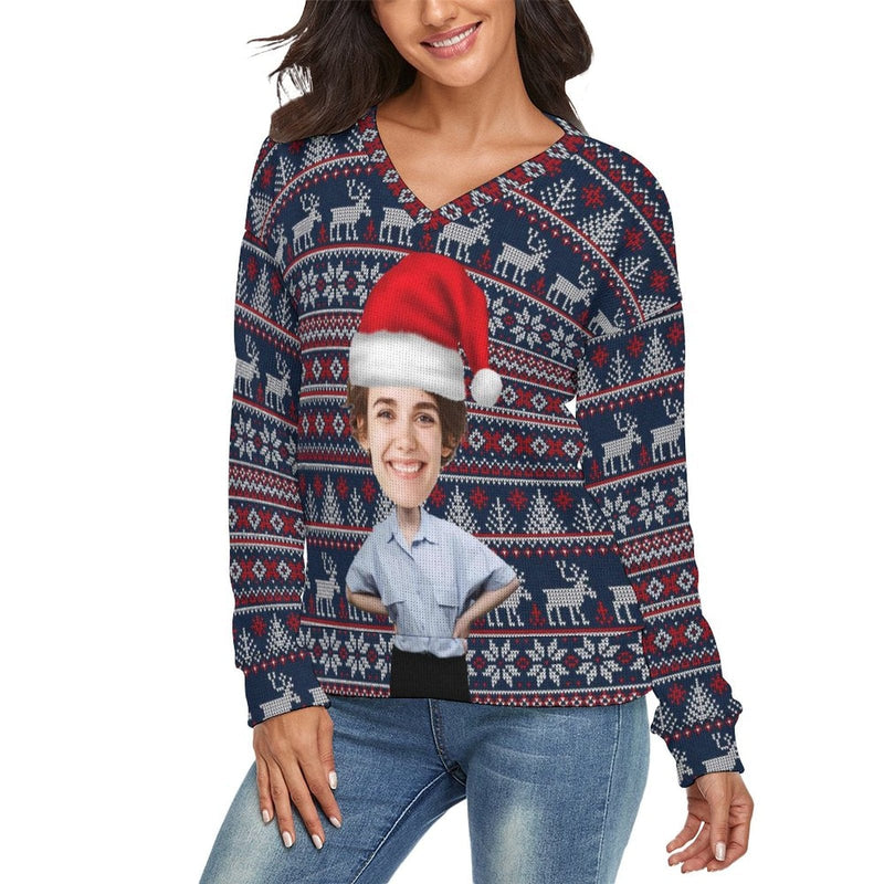 Custom Couple Matching Custom Face Sweater Santa Hat Long Sleeve Ugly Christmas Sweater Tops for Men and Women - YesCustom