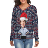 Custom Couple Matching Custom Face Sweater Santa Hat Long Sleeve Ugly Christmas Sweater Tops for Men and Women - YesCustom