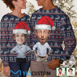 Custom Couple Matching Custom Face Sweater Santa Hat Long Sleeve Ugly Christmas Sweater Tops for Men and Women - YesCustom