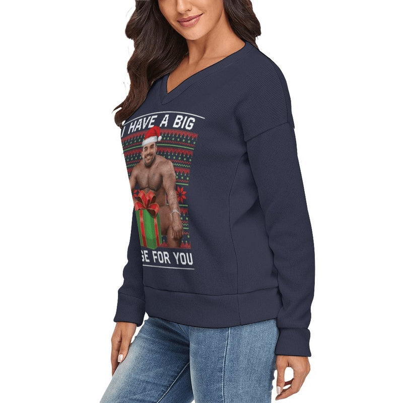 Custom Custom Boyfriend Face V-Neck Sweater for Women Ugly Christmas Sweater Long Sleeve Lightweight Sweater Tops - YesCustom