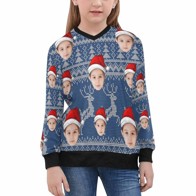 Custom Custom Face Blue Sweater for Family Long Sleeve Ugly Christmas Sweater Tops - YesCustom